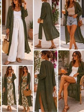 Stitches & Stripes Long Open Knit Cardigan – Olive Green, Women’s Medium | Cozy